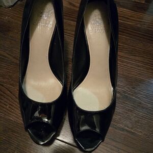Vince Camuto Coper Glossy Black Peep Toe Soft Cow Patent Leather Heels